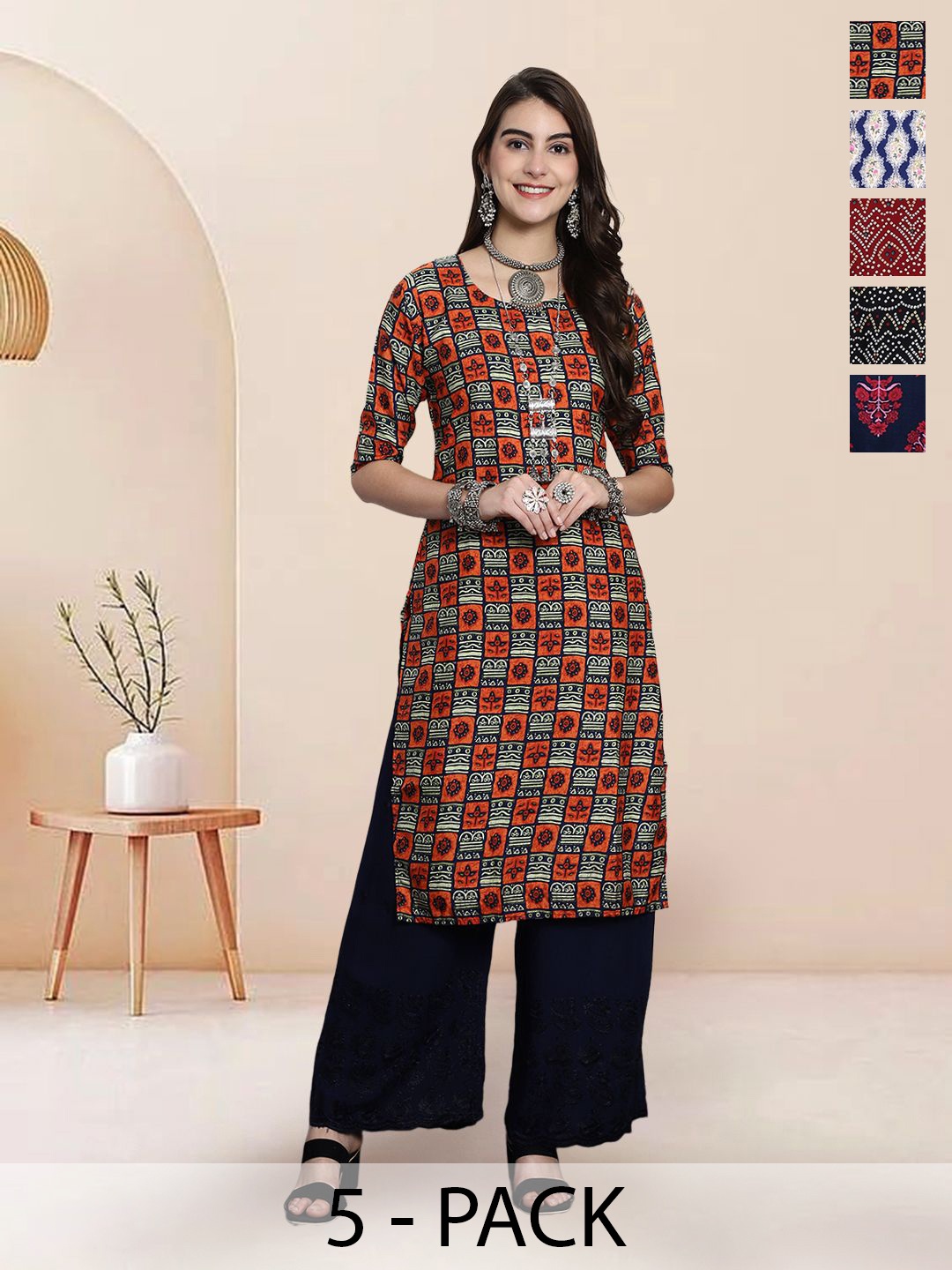 

7Threads Selection Of 5 Ethnic Motifs Printed Round Neck Straight Kurta, Orange