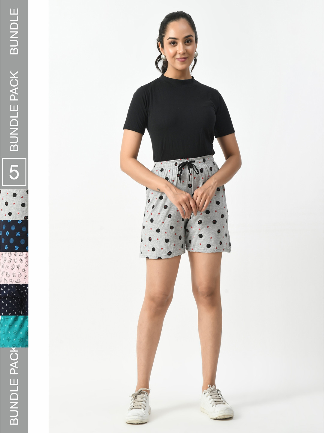 

BAESD Women Pack of 5 Printed Pure Cotton High-Rise Shorts, Navy blue