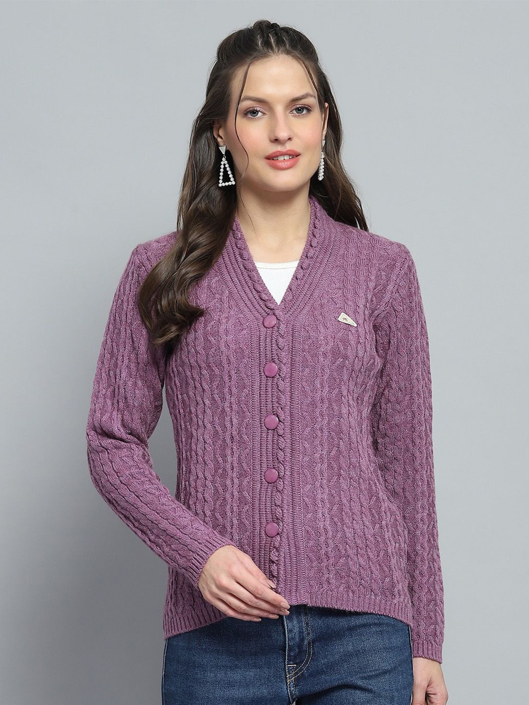 

Monte Carlo Women Cable Knit Woollen Cardigan, Purple