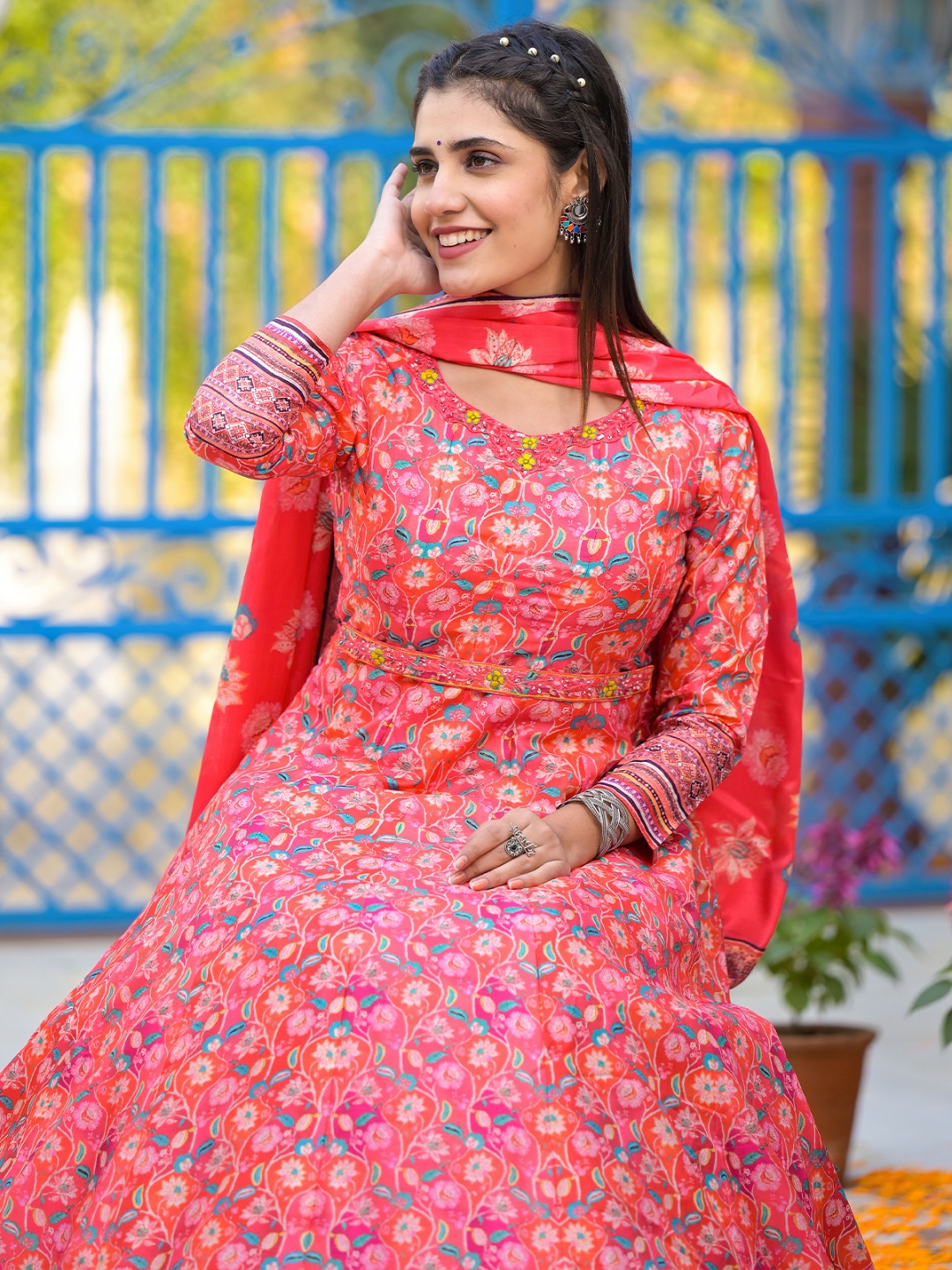 

ODETTE Women Printed Kurta, Coral