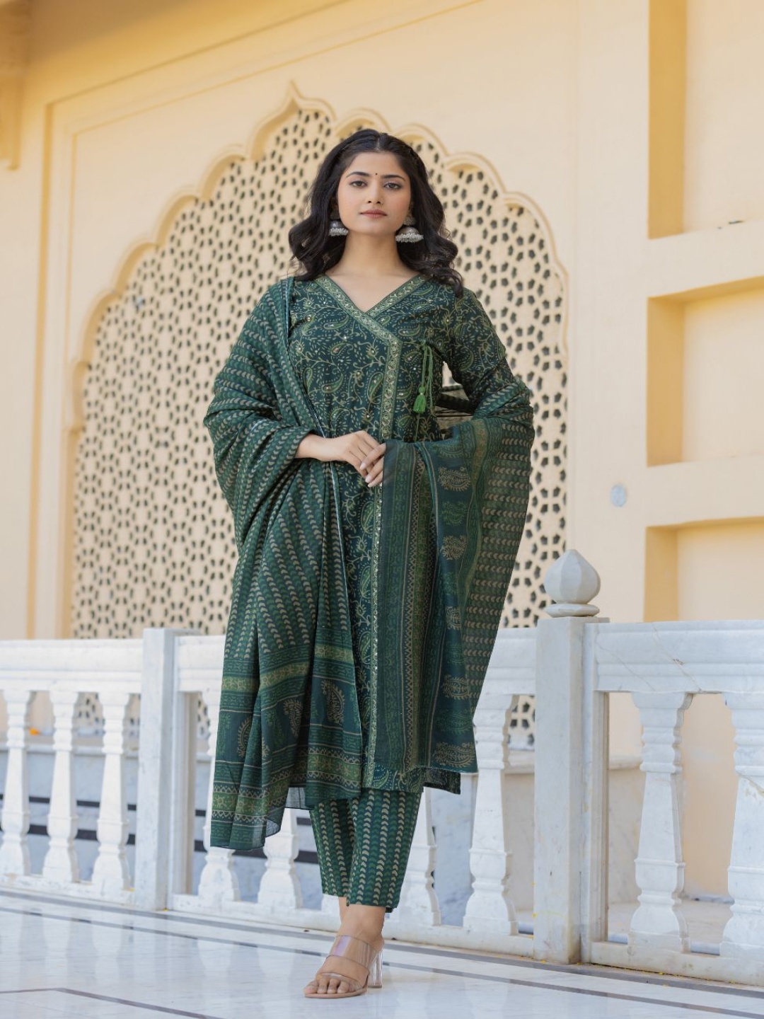 

AARDRAA Paisley Printed Mirror Work Angrakha Pure Cotton Kurta With Trousers & Dupatta, Green