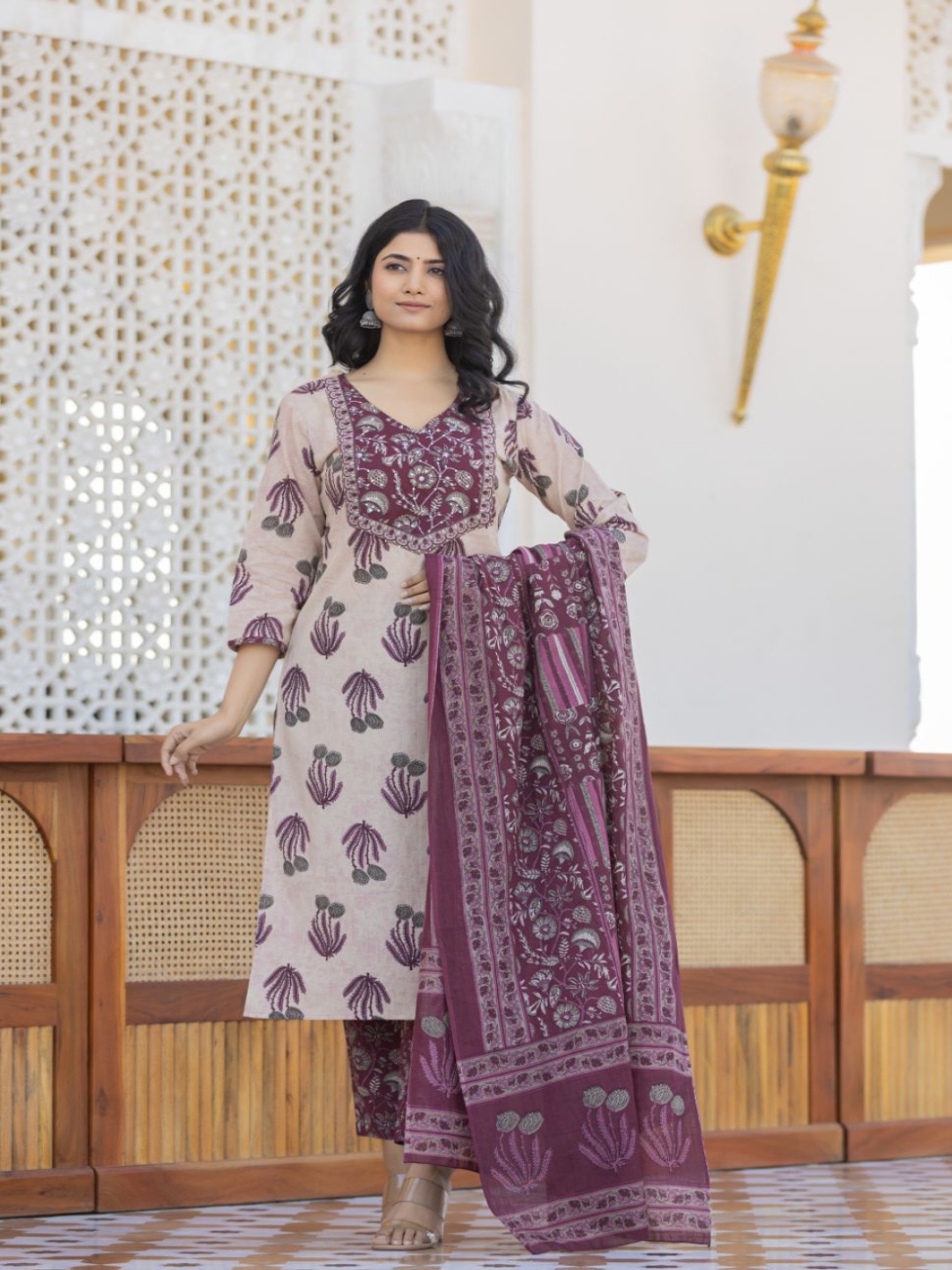 

AARDRAA Floral Printed Sequinned Pure Cotton Straight Kurta With Trousers & Dupatta, Purple