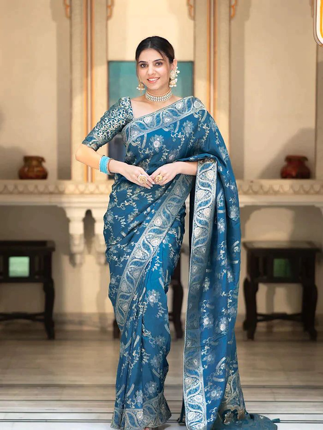 

Anjaneya Sarees Woven Design Zari Silk Blend Banarasi Saree, Teal