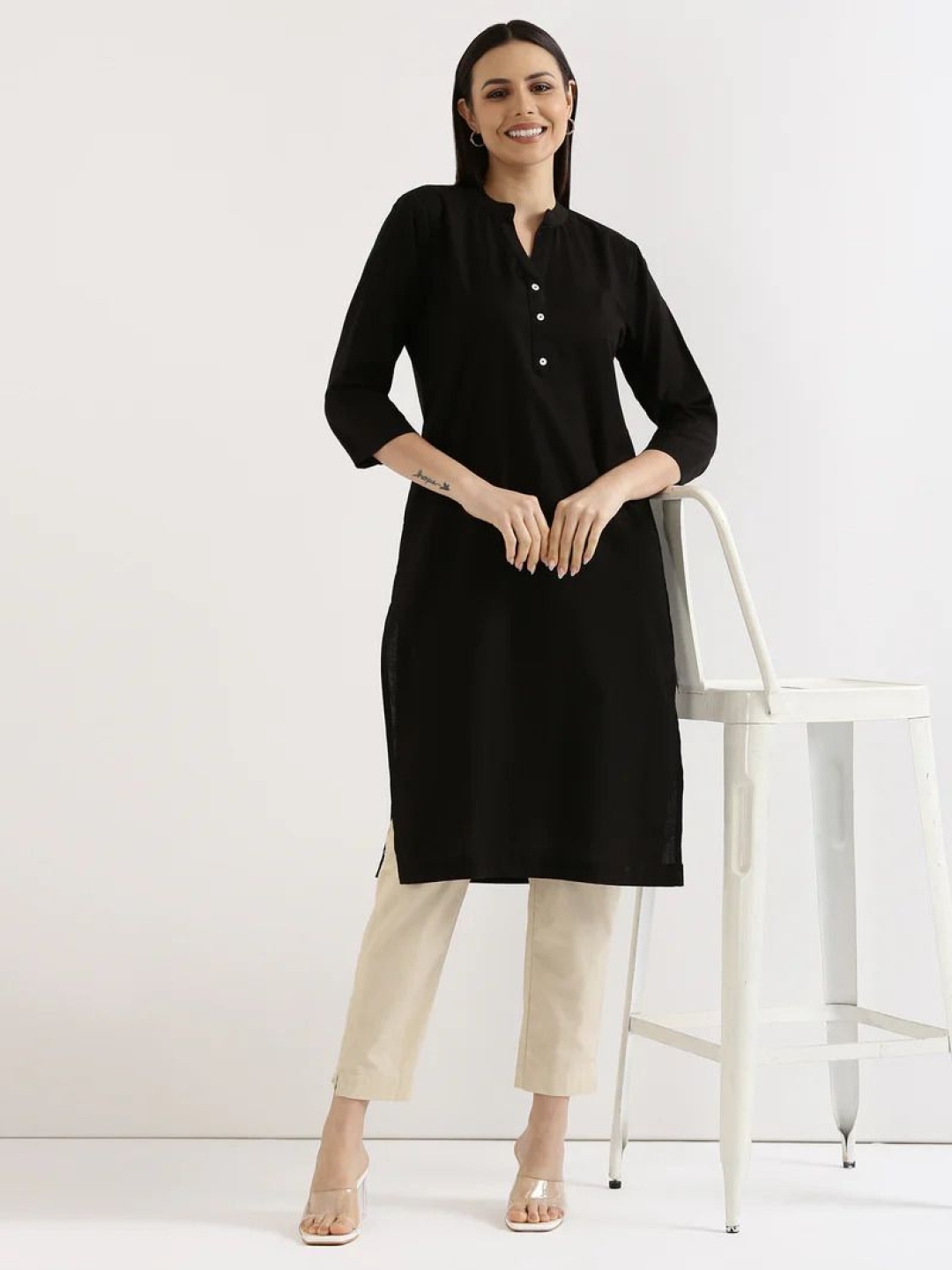 

KASHISHIYA Mandarin Collar Pure Cotton Straight Kurtas, Black