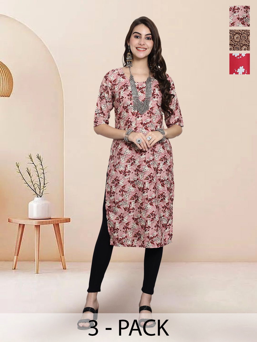 

7Threads Selection Of 3 Floral Printed Round Neck Straight Kurtas, Pink