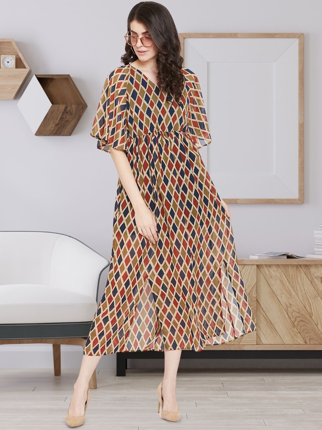 

DressBerry Print Flared Sleeve Georgette A-Line Maxi Dress, Multi