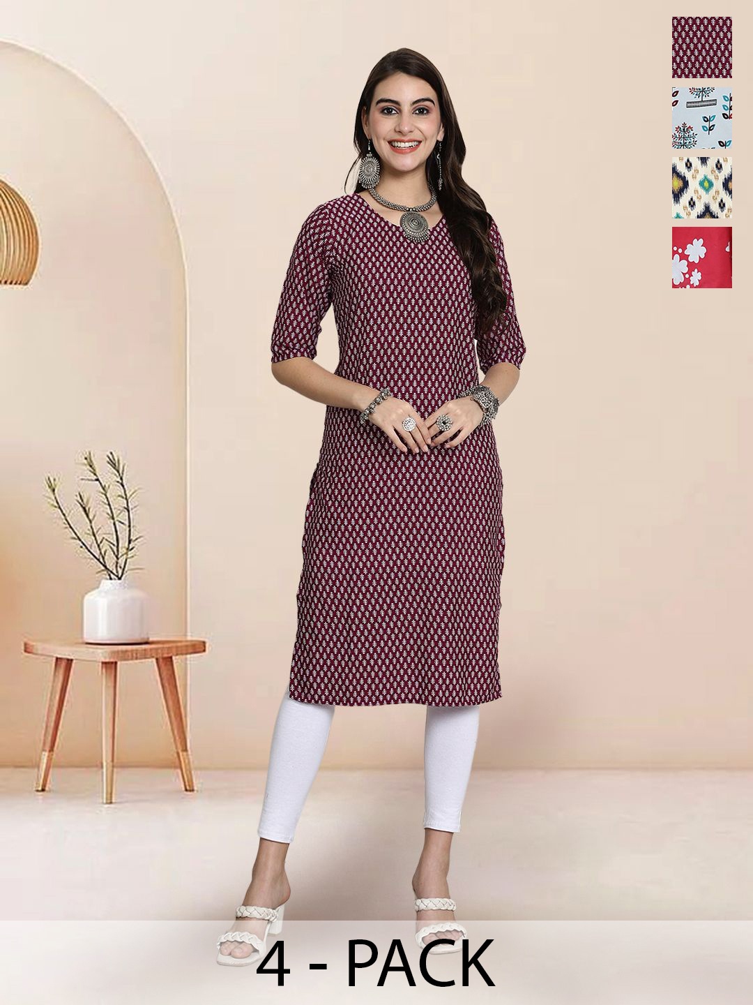 

7Threads Selection Of 4 Floral Printed Round Neck Kurtas, Maroon