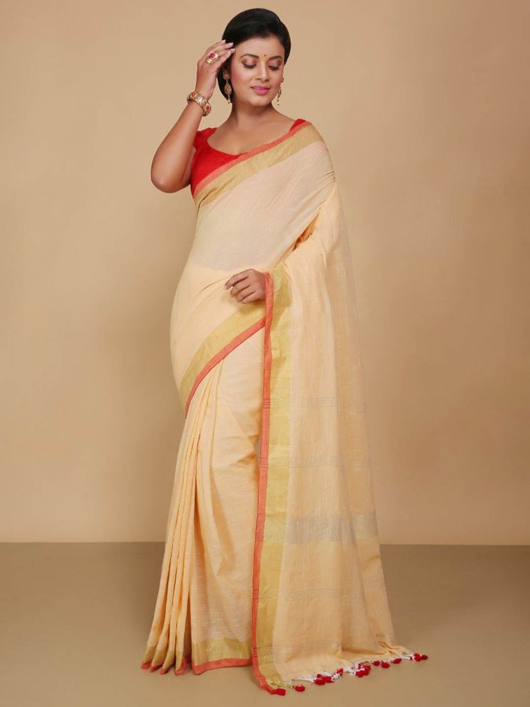 

BENGAL HANDLOOM Art Silk Taant Saree, Cream