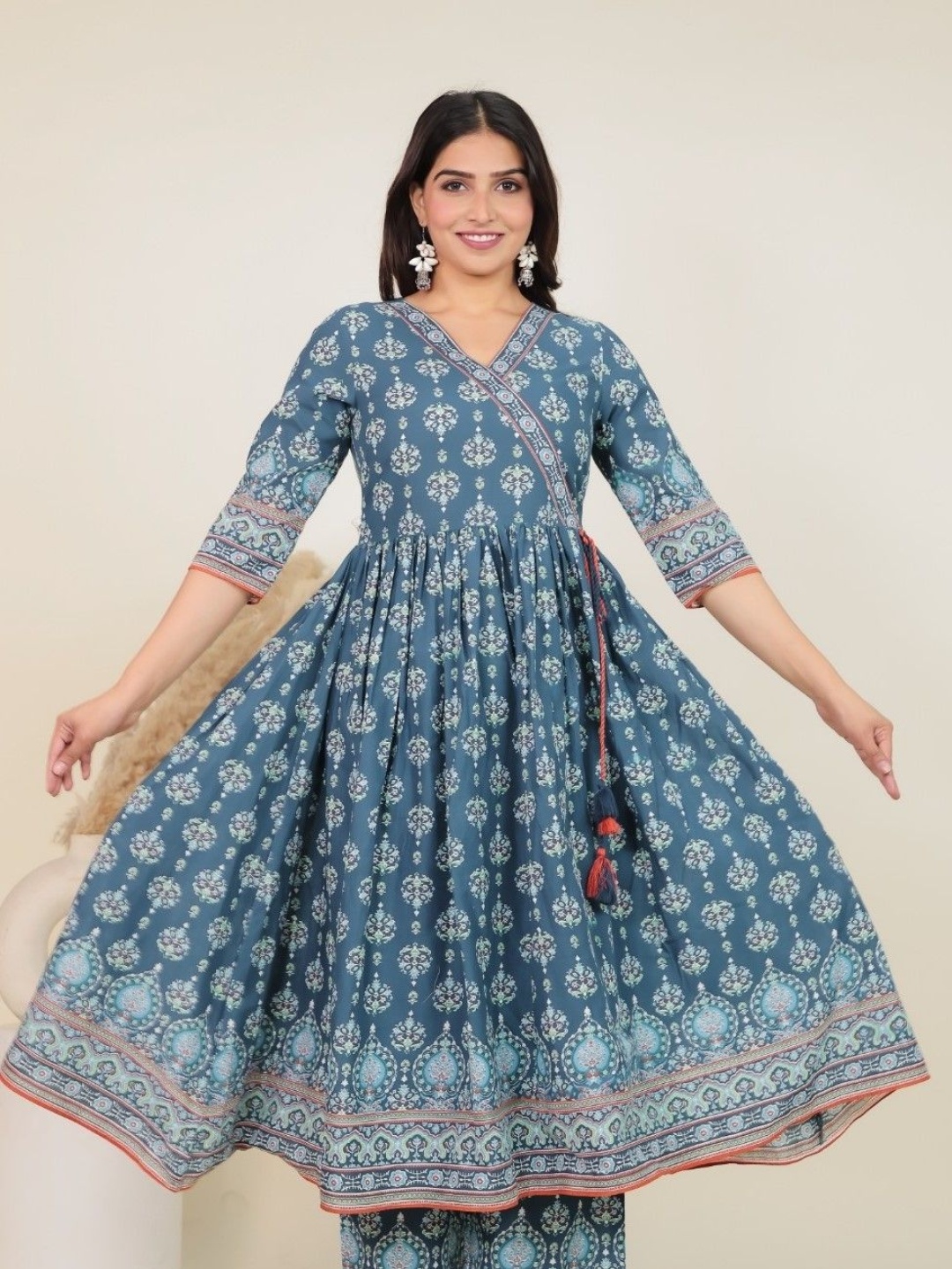 

Aramya Floral Printed V Neck Pure Cotton Angrakha Anarkali Kurta, Blue