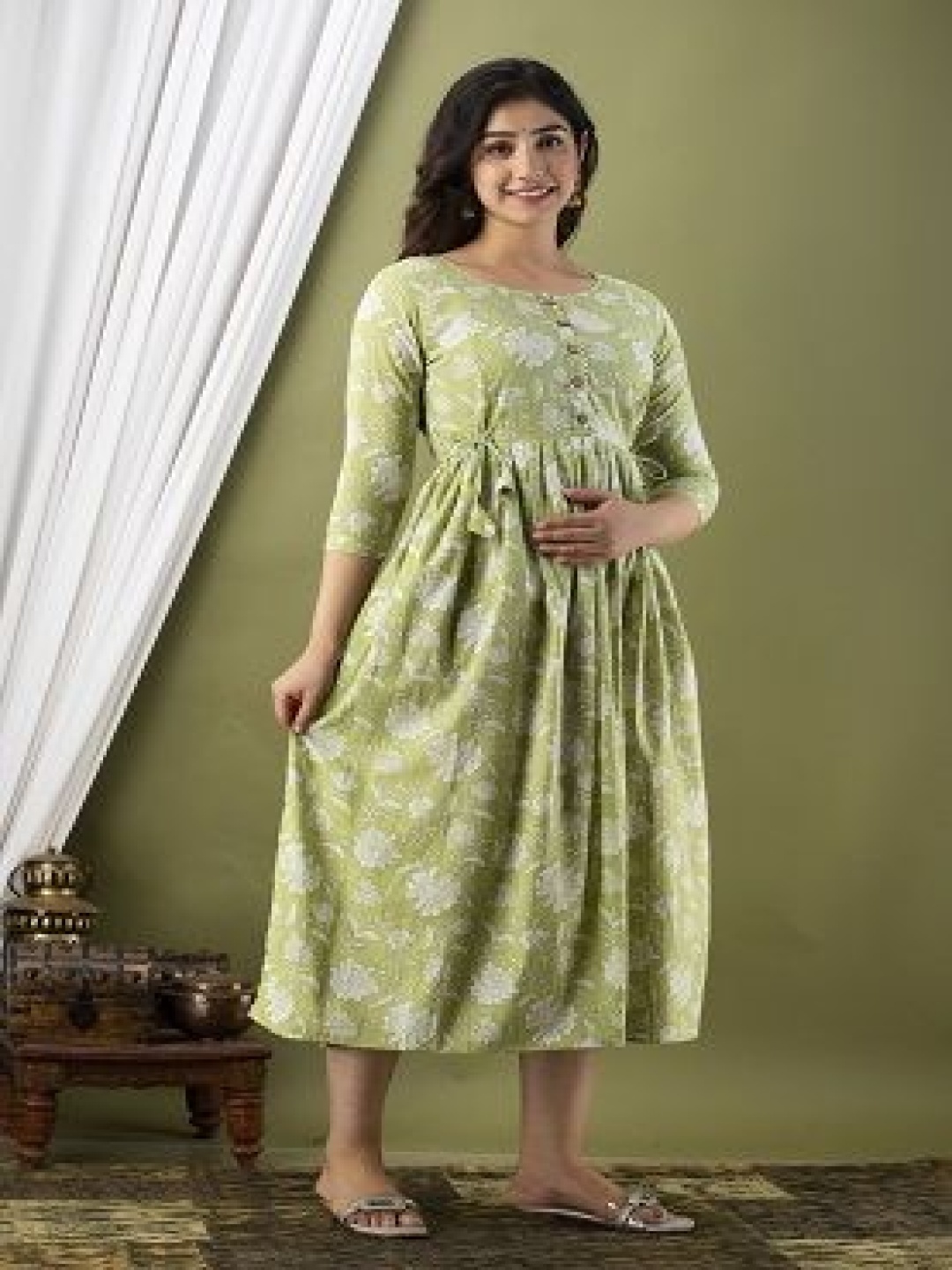 

Nevisha Style Floral Printed Round Neck Maternity Cotton Fit and Flare Dress, Green