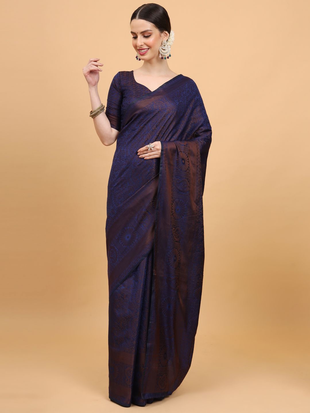 

Melok Woven Design Zari Art Silk Banarasi Saree, Navy blue