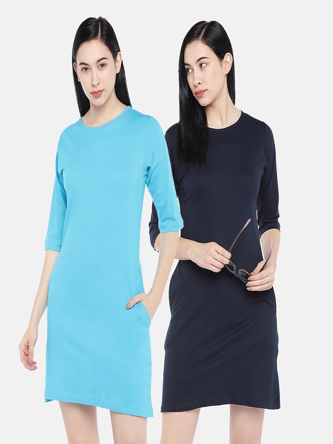 

STATUS MANTRA Pack of 2 Round Neck Pure Cotton T-shirt Dresses, Blue