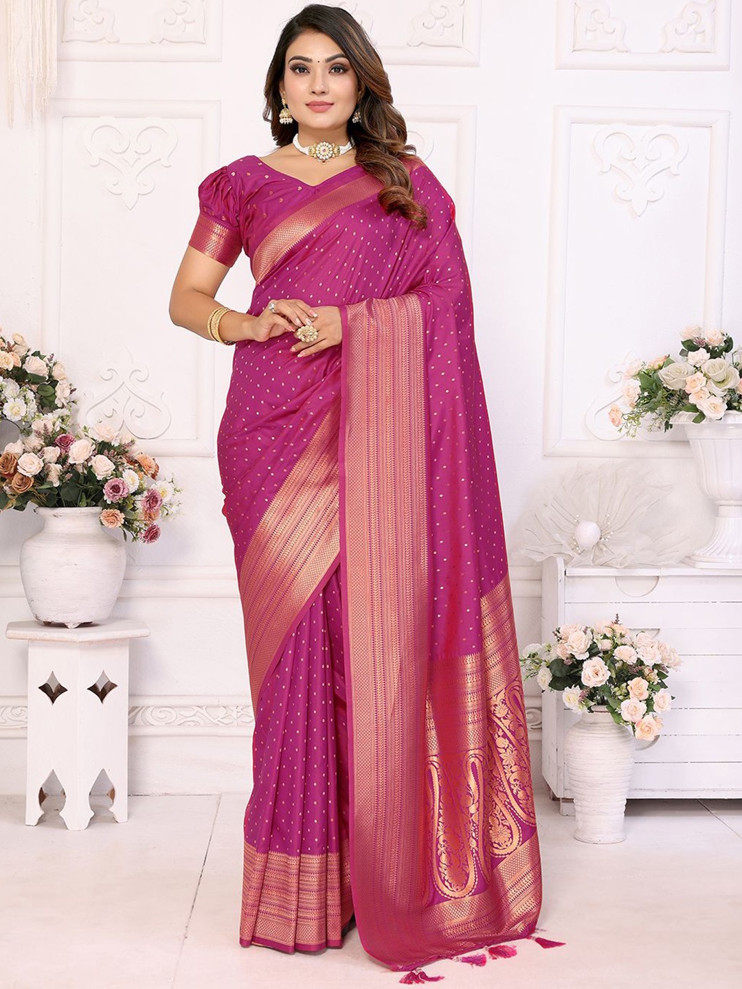 

Panzora Woven Design Zari Silk Blend Banarasi Saree, Pink
