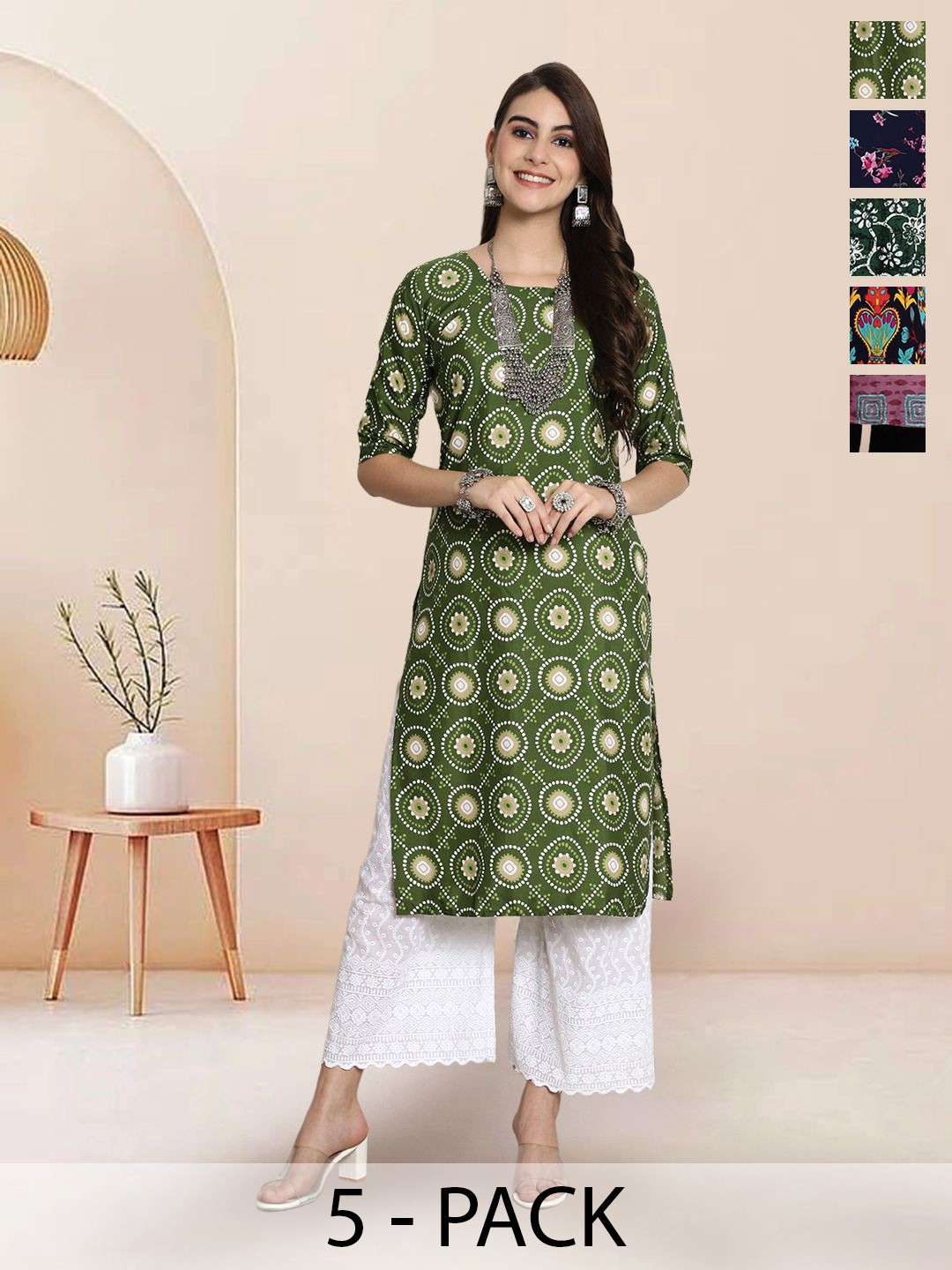 

7Threads Selection Of 6 Ethnic Motifs Printed Round Neck Kurtas, Green