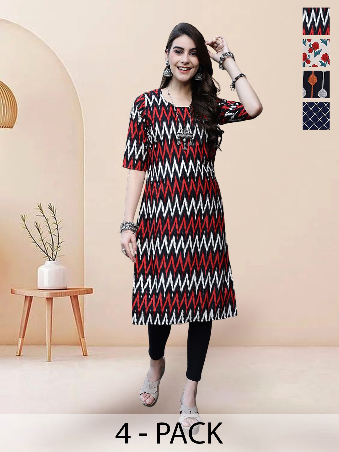 

7Threads Selection Of 4 Chevron Printed Straight Kurtas, Red