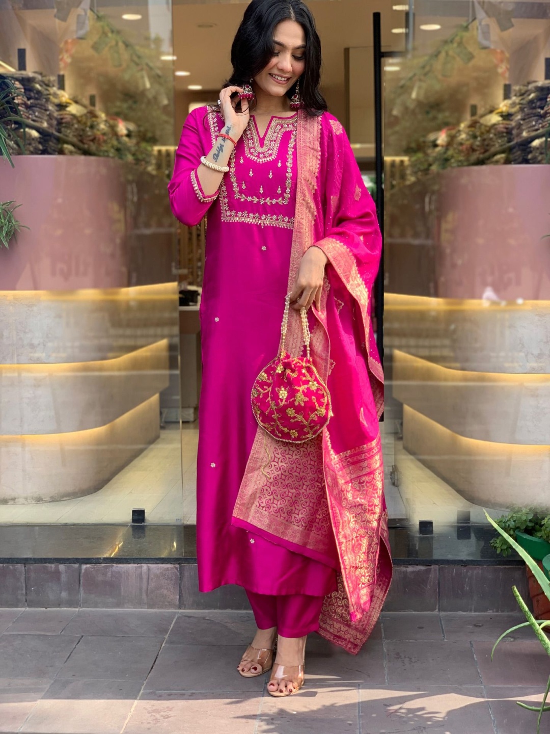 

KALINI Floral Embroidered Notch Neck Sequinned Straight Kurta With Trousers & Dupatta, Pink