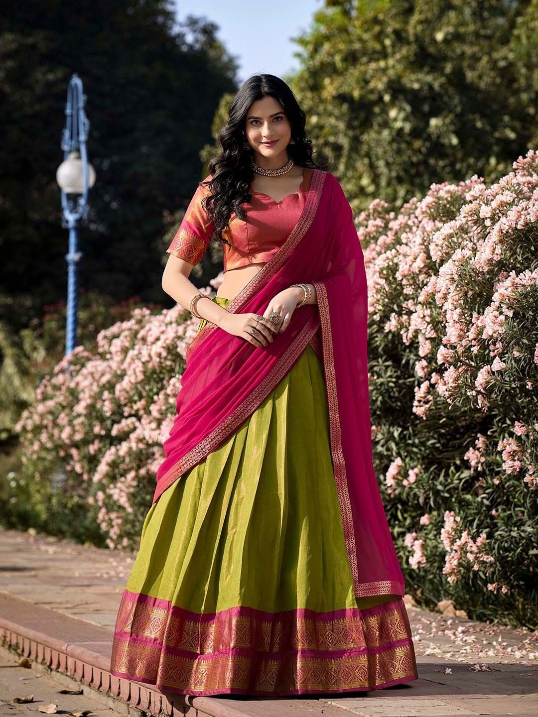 

JATRIQQ Kanchipuram Silk Zari Ready to Wear Lehenga & Unstitched Blouse With Dupatta, Green