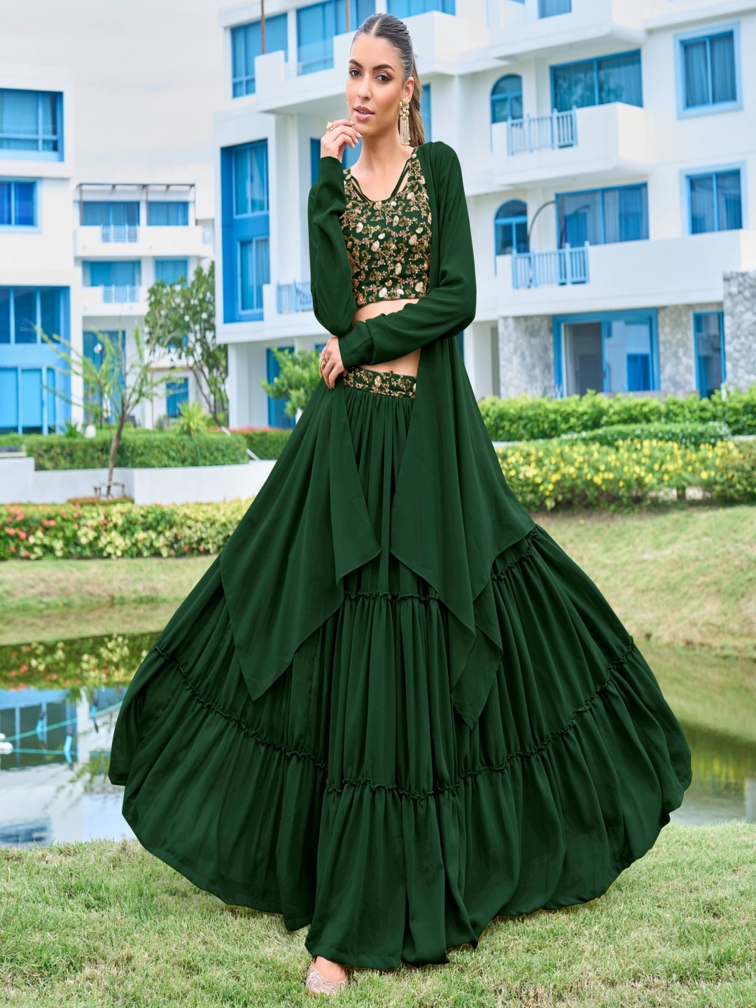 

Peachmode Embroidered Sequinned Ready to Wear Lehenga &, Green