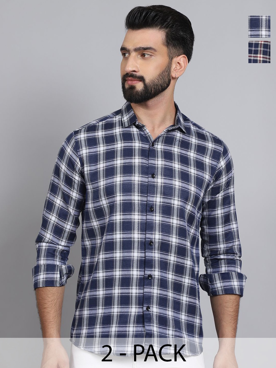 

Tanip Men Pack Of 2 Spread Collar Tartan Checked Cotton Casual Shirts, Blue