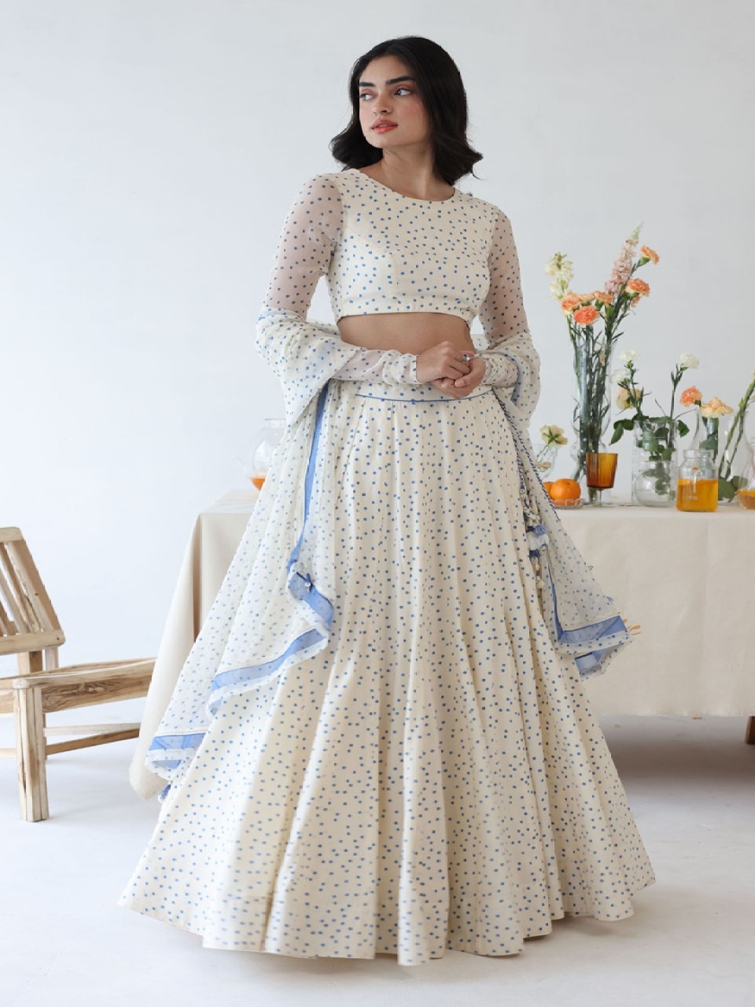 

Baise Gaba Printed Ready to Wear Lehenga & Blouse With Dupatta, Off white
