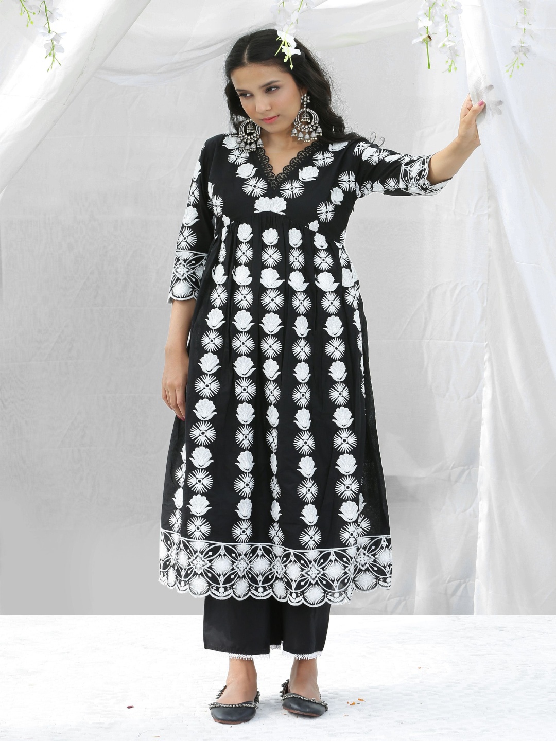 

SEW Floral Embroidered Empire Pure Cotton Anarkali Kurta With Trouser, Black