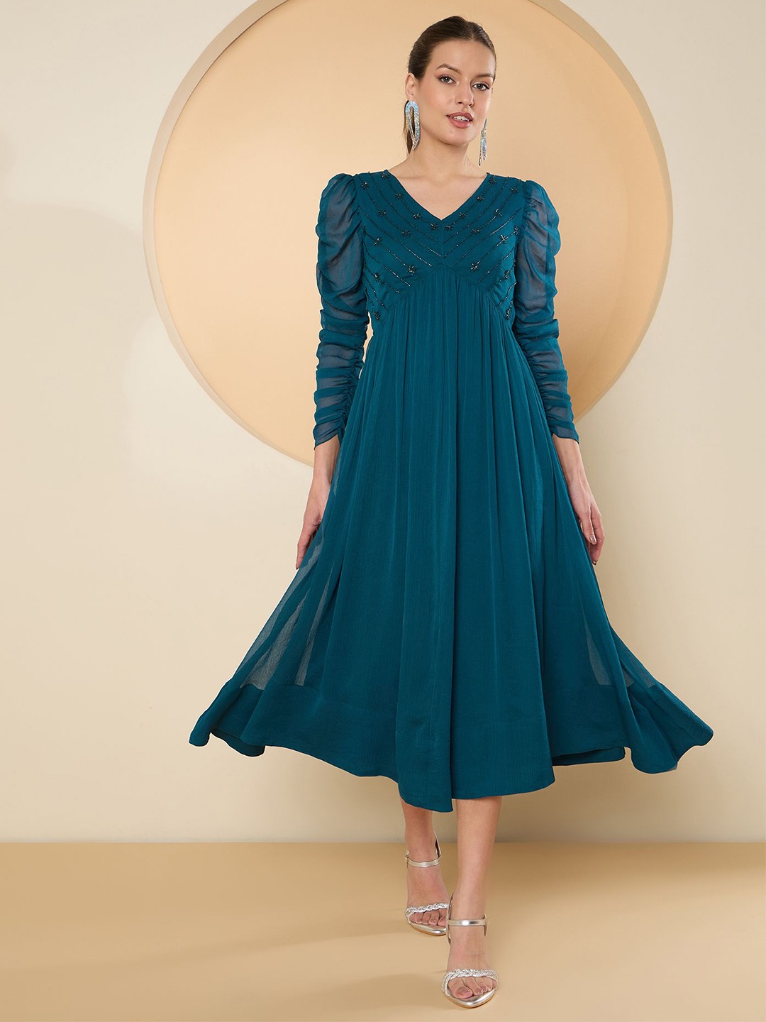 

Antheaa Puff Sleeve Chiffon Embellished A-Line Midi Dress, Teal