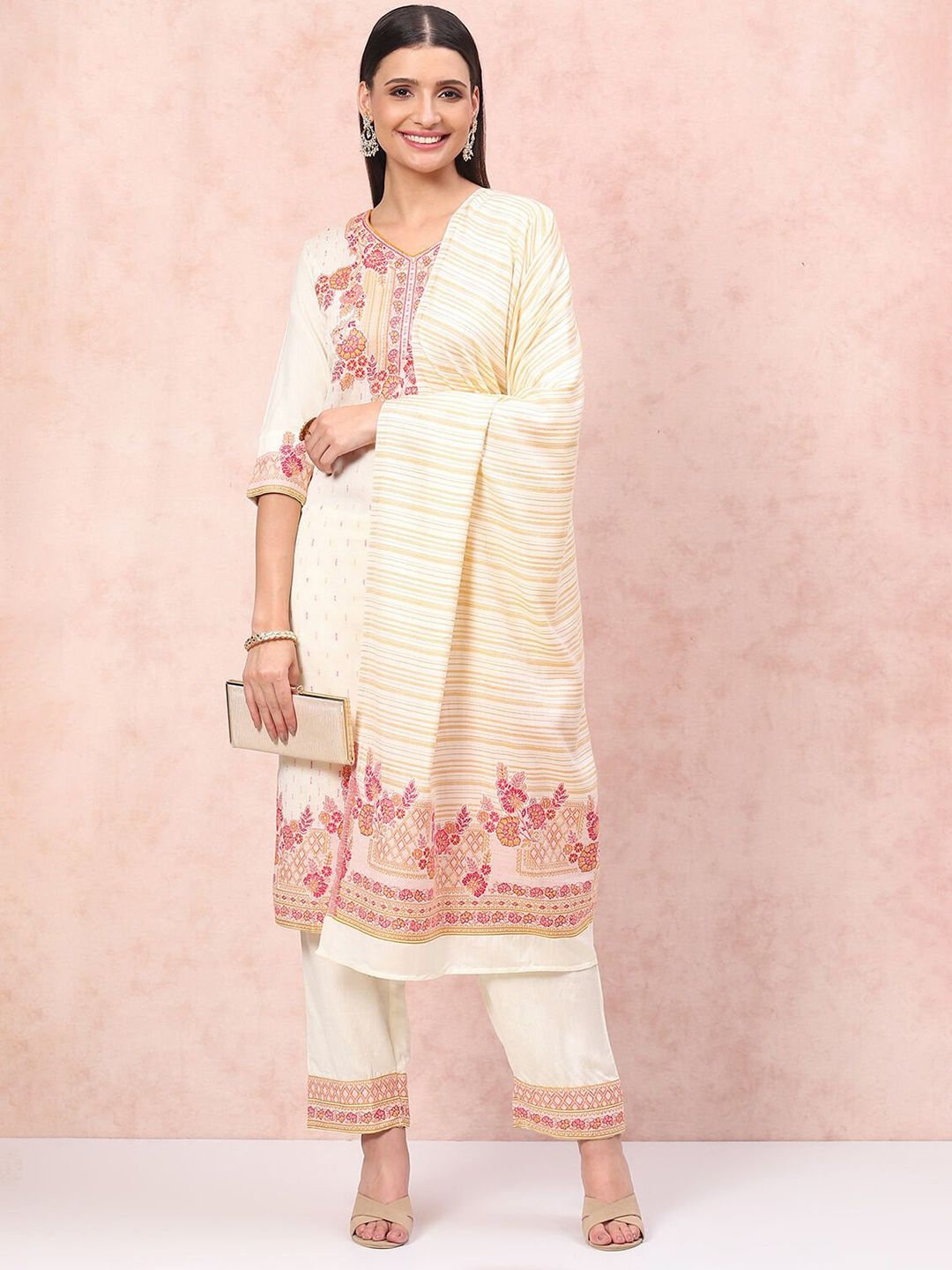 

Rangriti Floral Printed Straight Kurta With Palazzos & Dupatta, White
