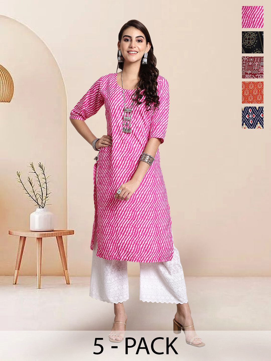 

7Threads Selection Of 5 Leheriya Printed Round Neck Straight Kurtas, Pink