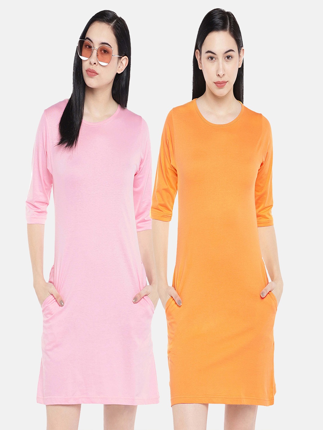 

STATUS MANTRA Pack of 2 Round Neck Pure Cotton T-shirt Dresses, Pink