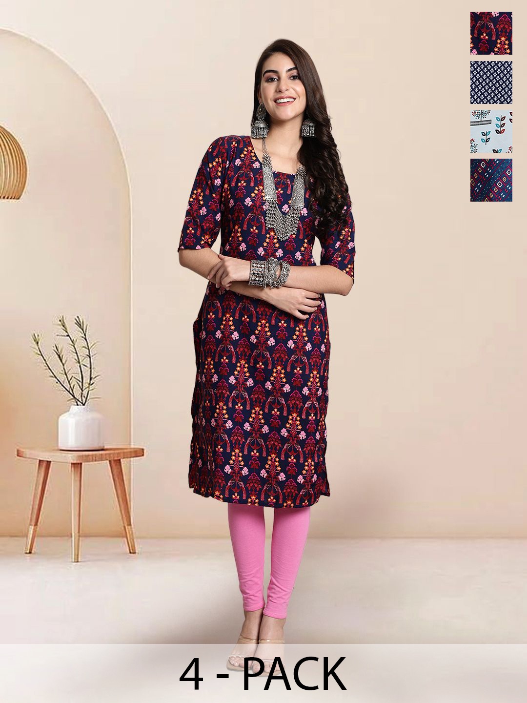 

7Threads Selection Of 4 Ethnic Motifs Round Neck Kurtas, Blue
