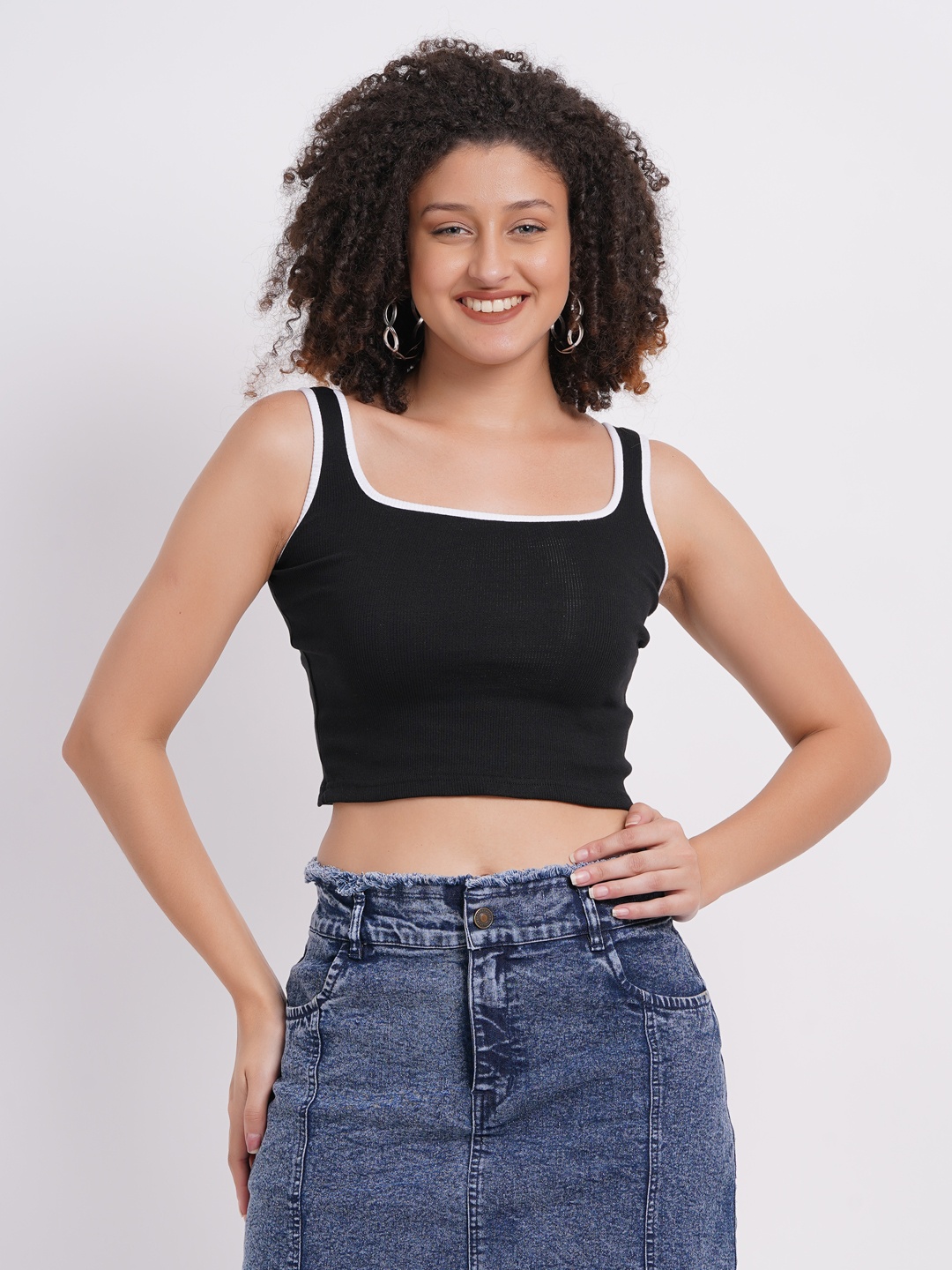 

SIGHTBOMB Shoulder Strap Cotton Fitted Crop Top, Black