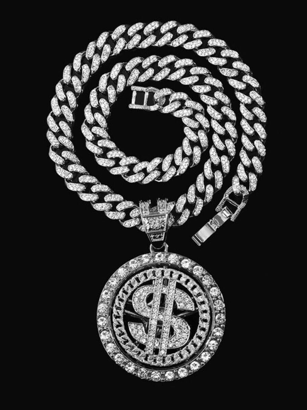 

VAGHBHATT Men Sterling Silver-Plated Cubic Zirconia-Studded Bling Dollar Pendant & Chain