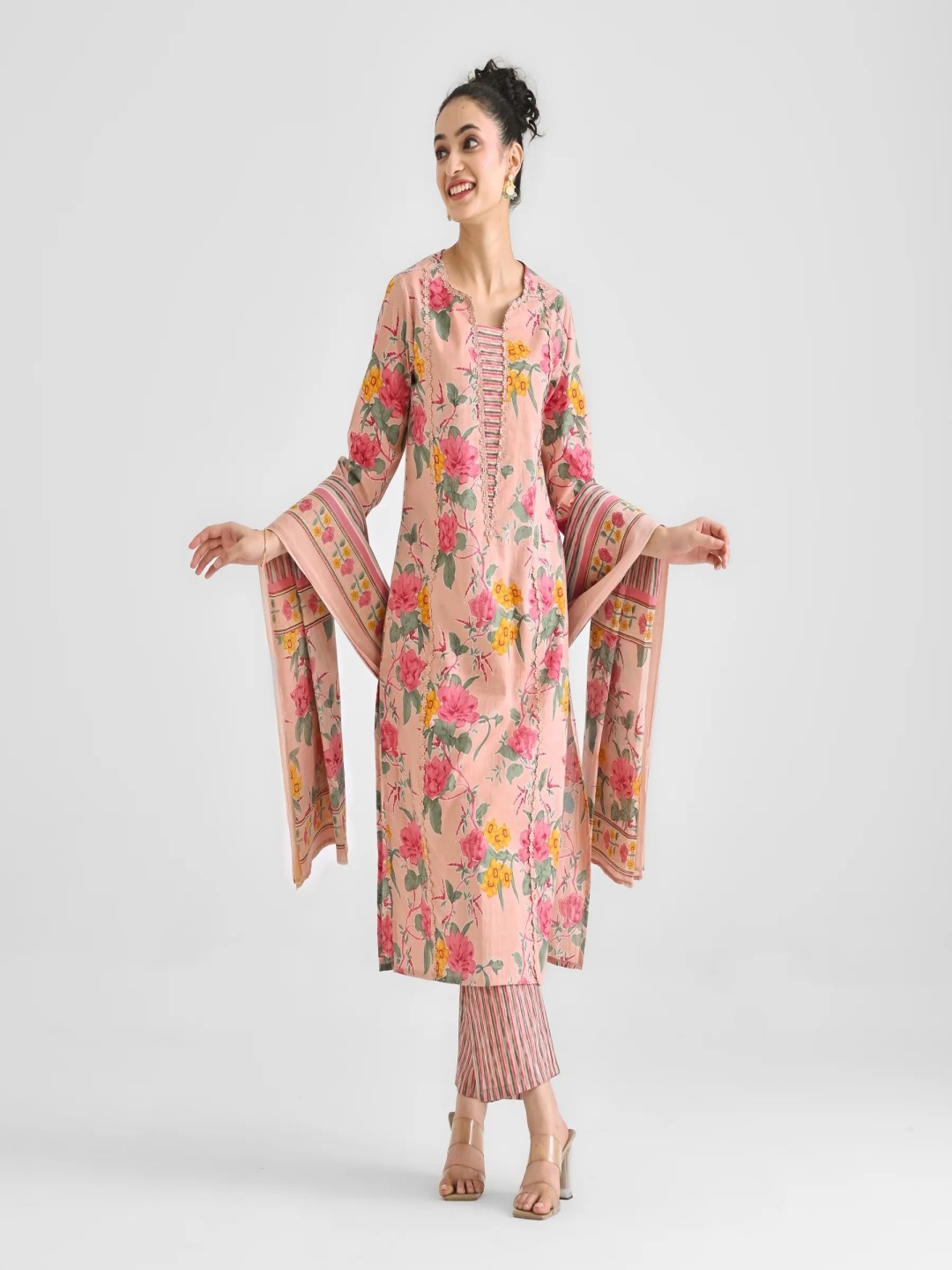 

KALINI Women Floral Printed Regular Kurta with Trousers & With Dupatta, Peach