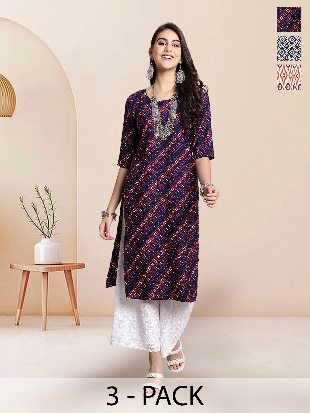 

7Threads Selection Of 3 Geometric Printed Straight Kurtas, Navy blue