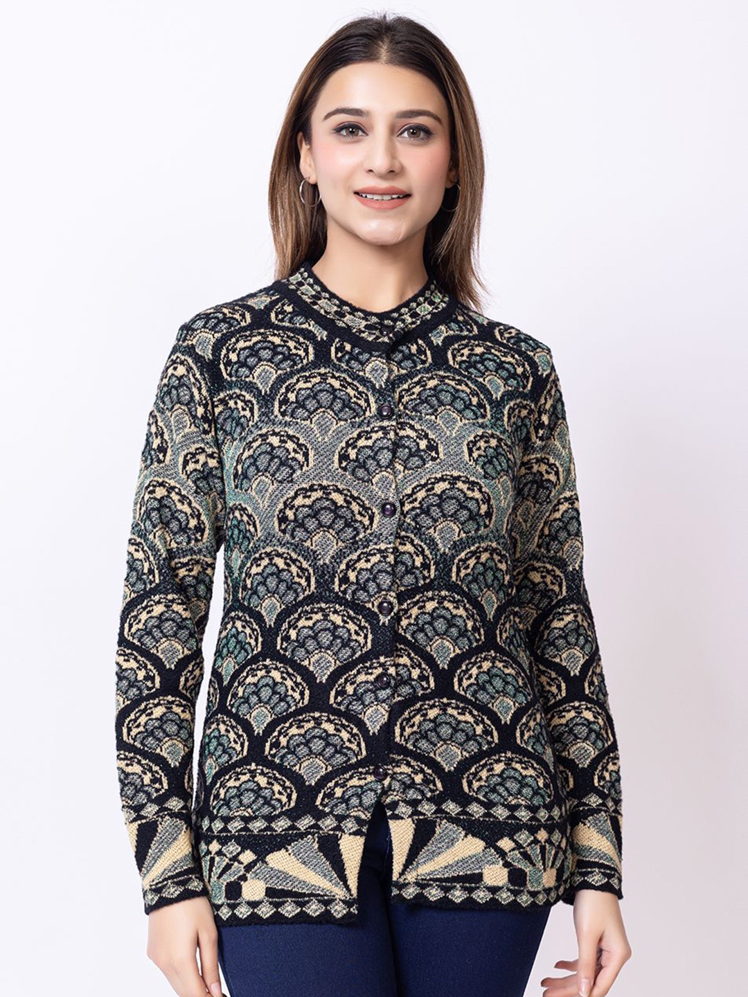 

Lady Leaf Women Embroidered Woollen Cardigan, Black