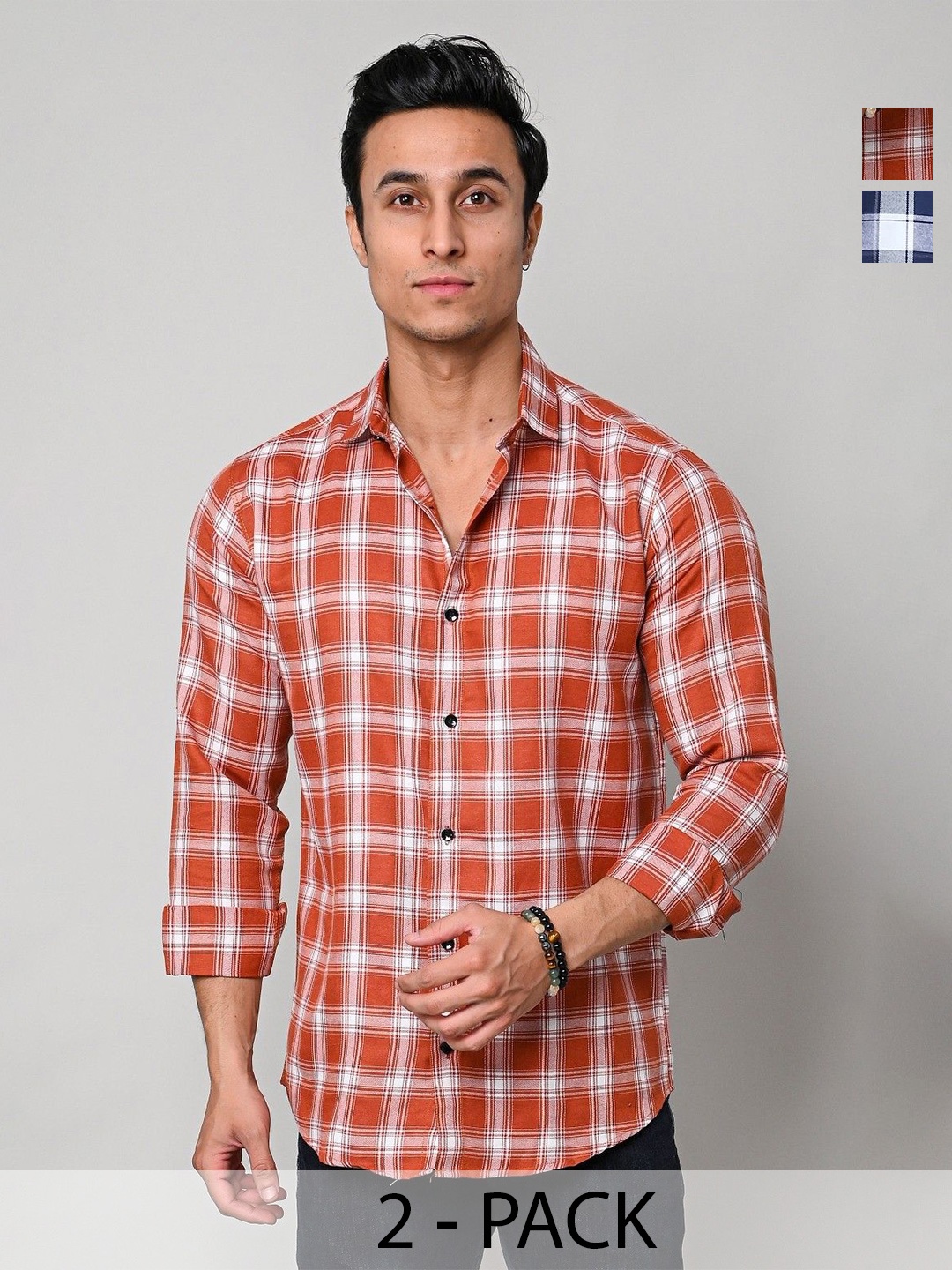 

Tanip Men Pack Of 2 Spread Collar Tartan Checked Cotton Casual Shirts, Orange