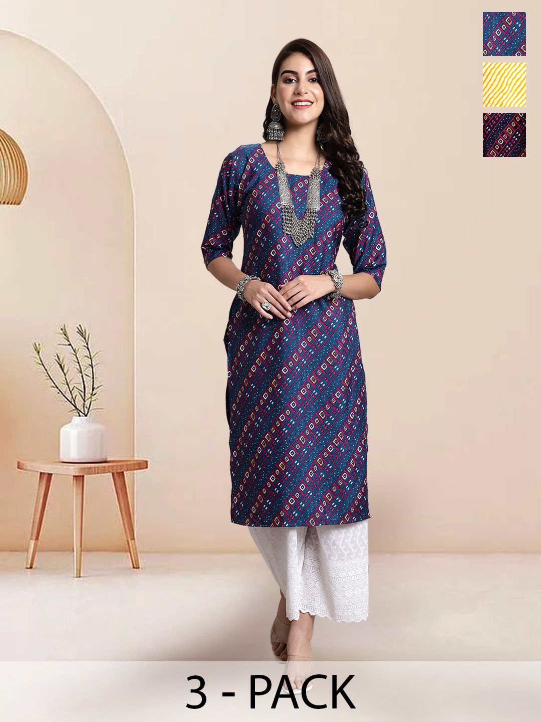 

7Threads Selection Of 3 Ethnic Motifs Printed Round Neck Straight Kurtas, Blue