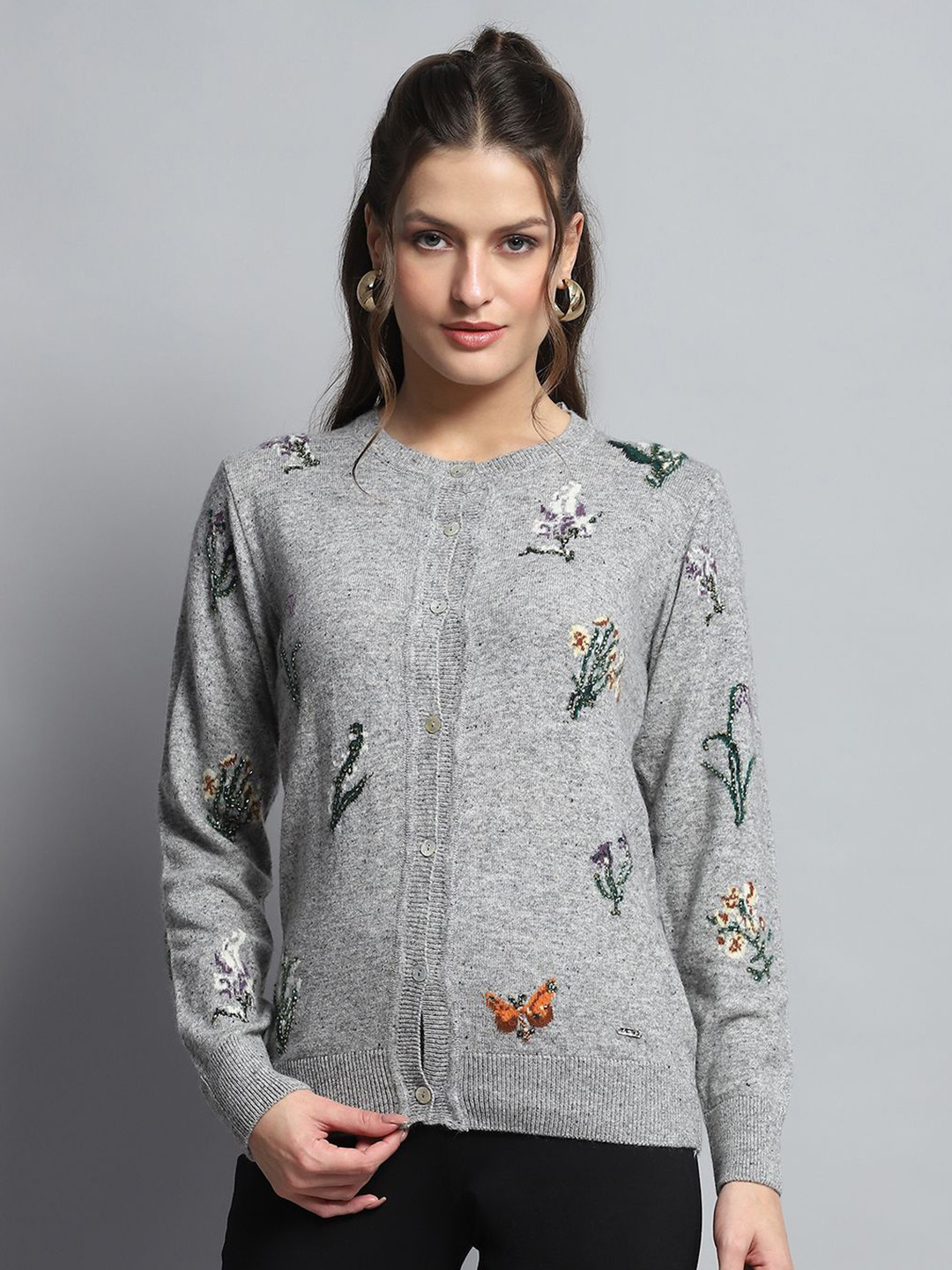

Monte Carlo Women Floral Woollen Cardigan, Grey
