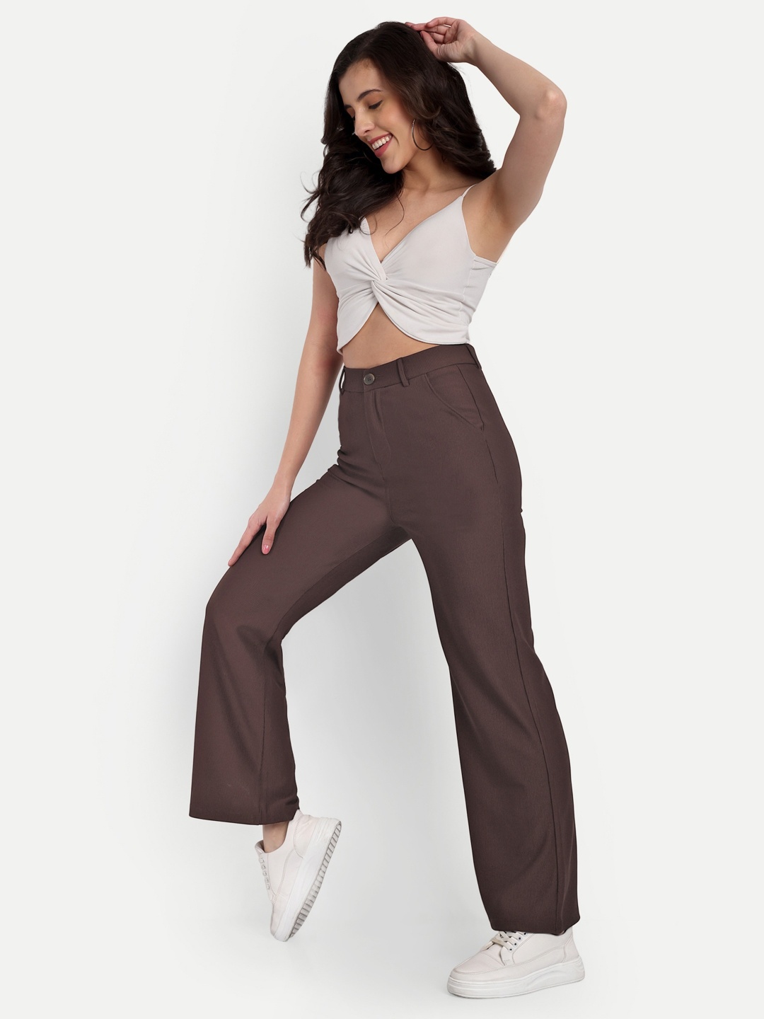 

Next One Women Smart Straight Fit High-Rise Easy Wash Corduroy Trousers, Brown