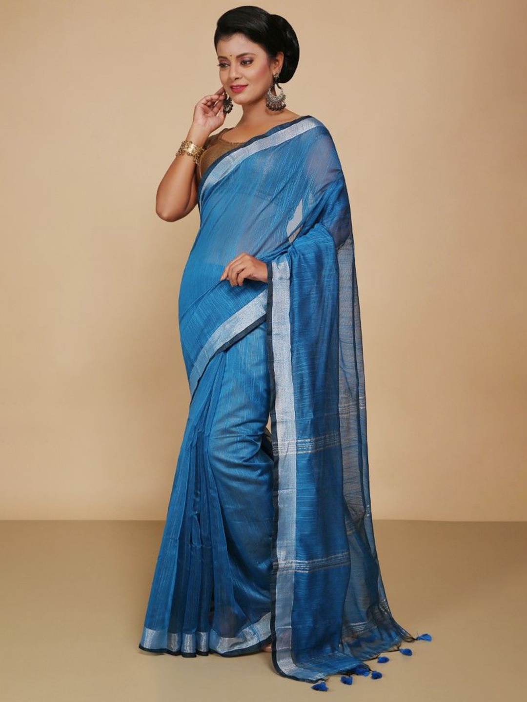 

BENGAL HANDLOOM Zari Art Silk Taant Saree, Turquoise blue