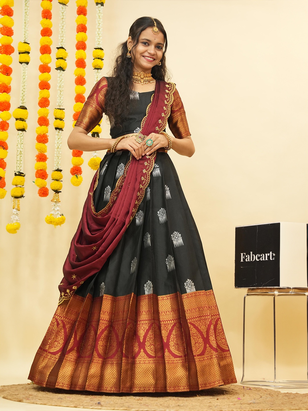 

Fabcartz Woven Design Zari Semi-Stitched Lehenga & Unstitched Blouse With Dupatta, Black