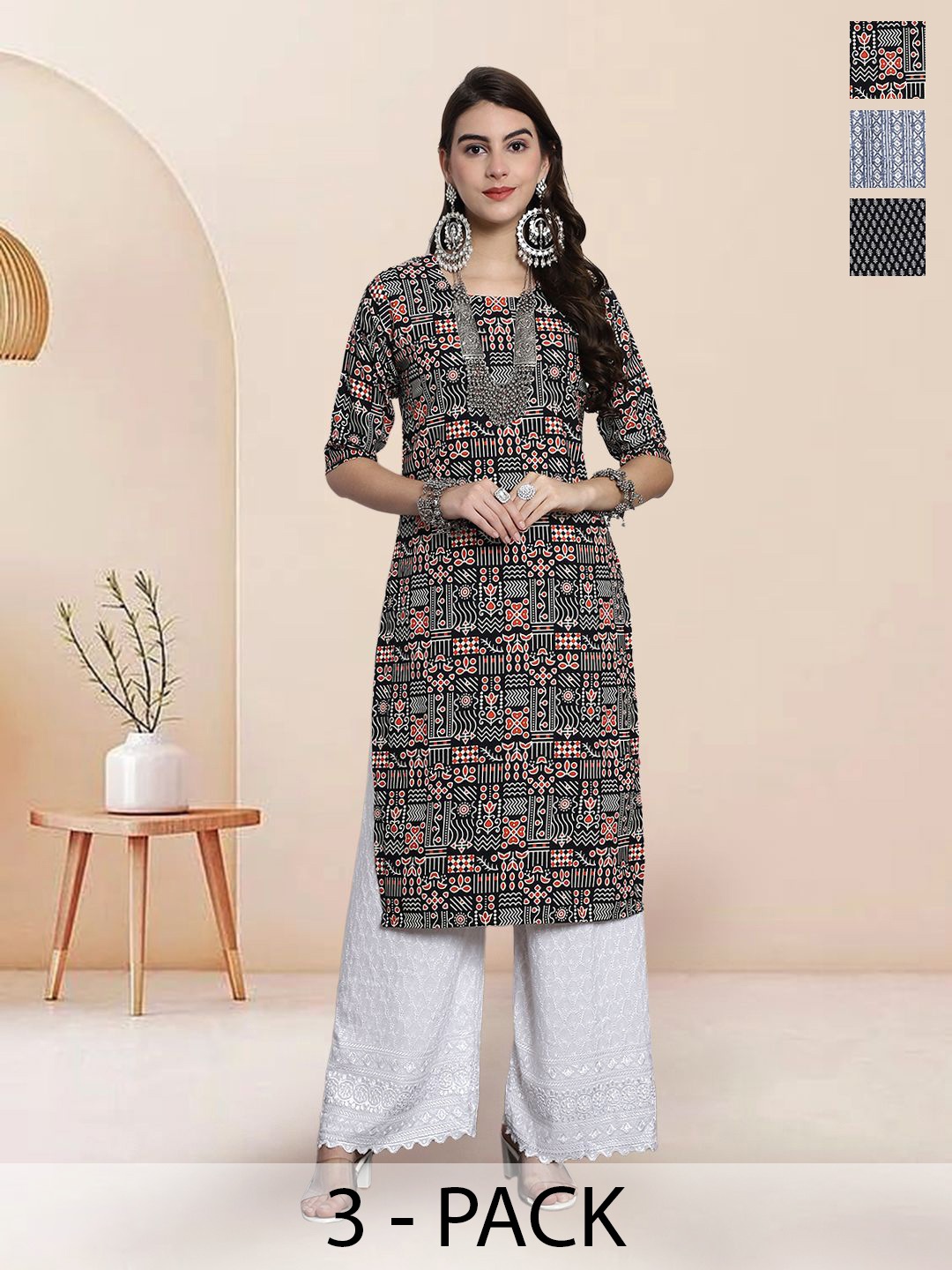 

7Threads Selection Of 3 Geometric Printed Round Neck Straight Kurtas, Black