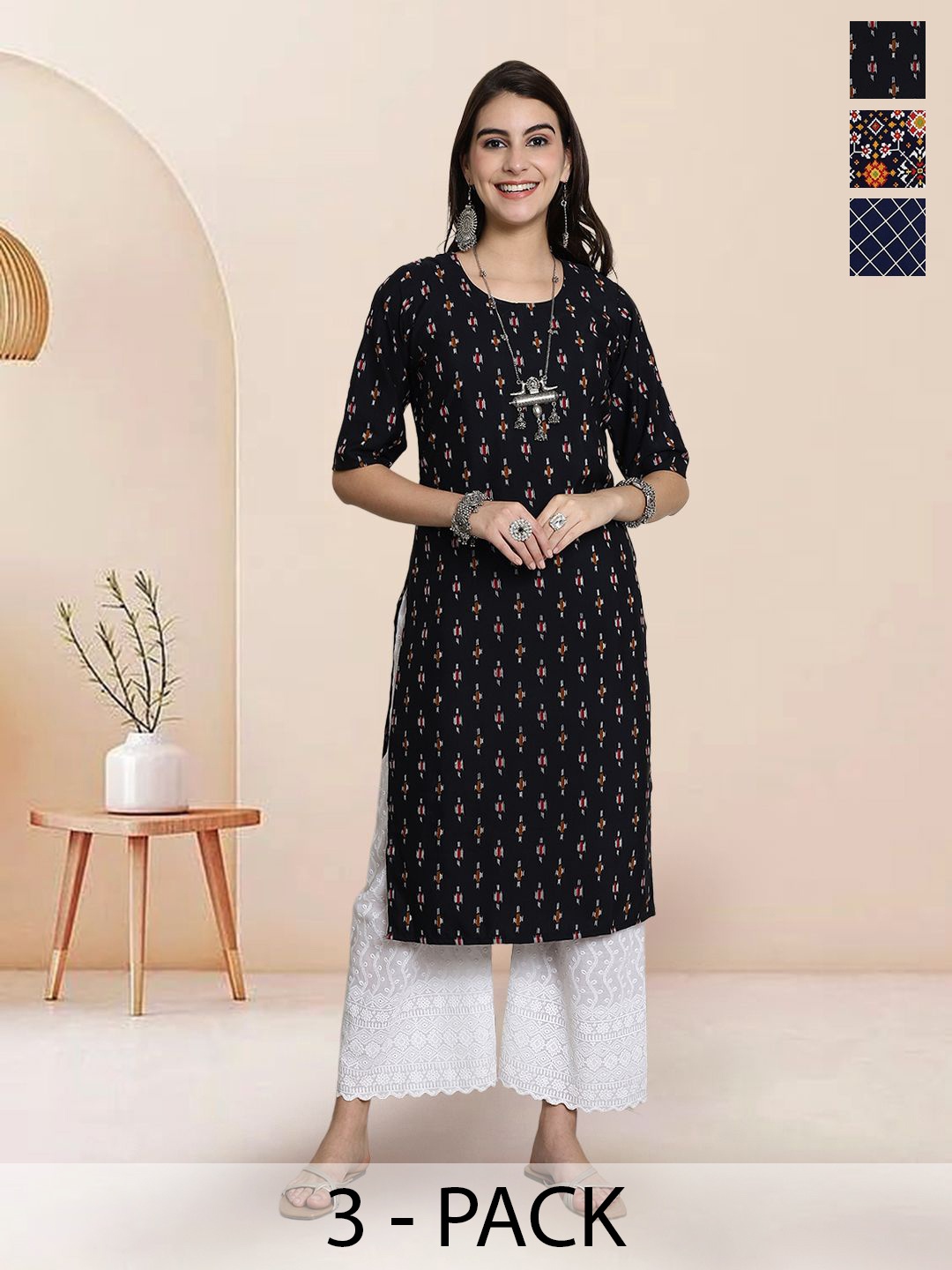 

7Threads Selection Of 3 Ethnic Motifs Printed Round Neck Straight Kurtas, Black