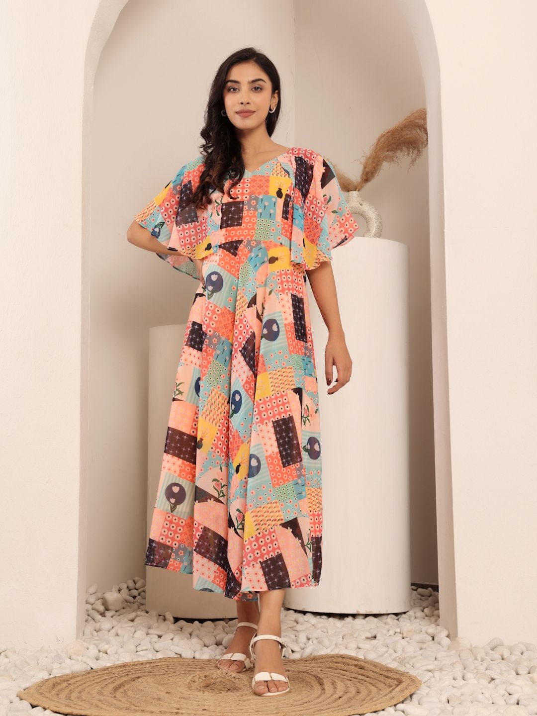 

Varanga Print Flared Sleeve Georgette A-Line Maxi Dress, Peach