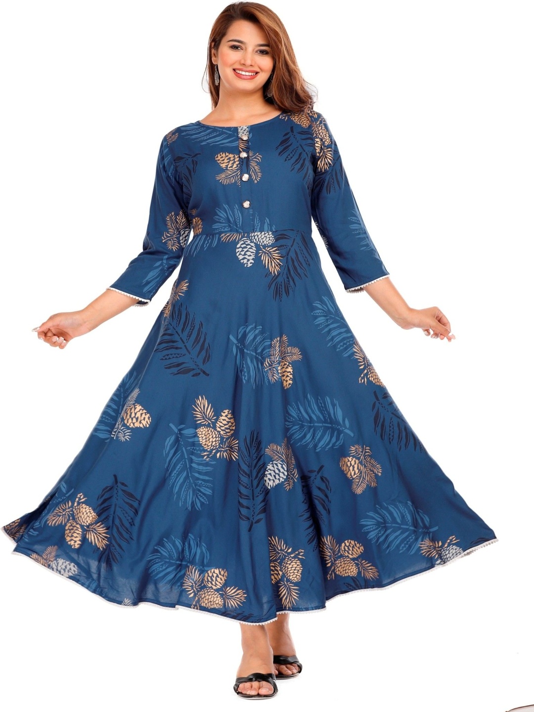 

CTMTEX Women Floral Printed Round-Neck Flared Ethnic Dress, Blue