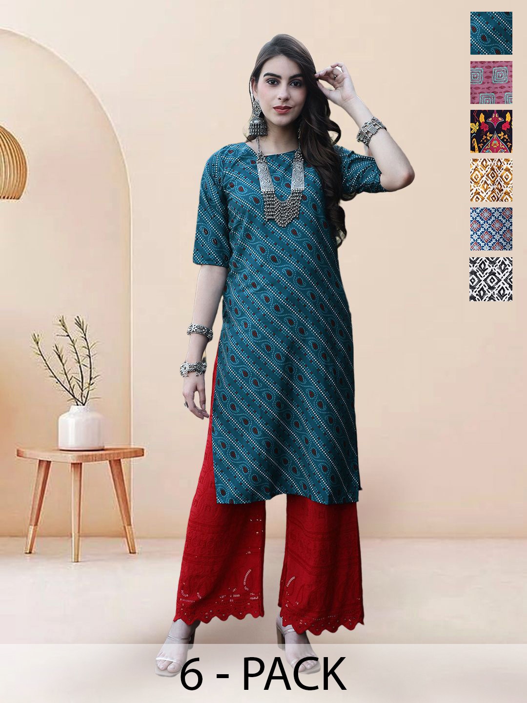 

7Threads Selection Of 6 Bandhani Printed Round Neck Kurtas, Blue