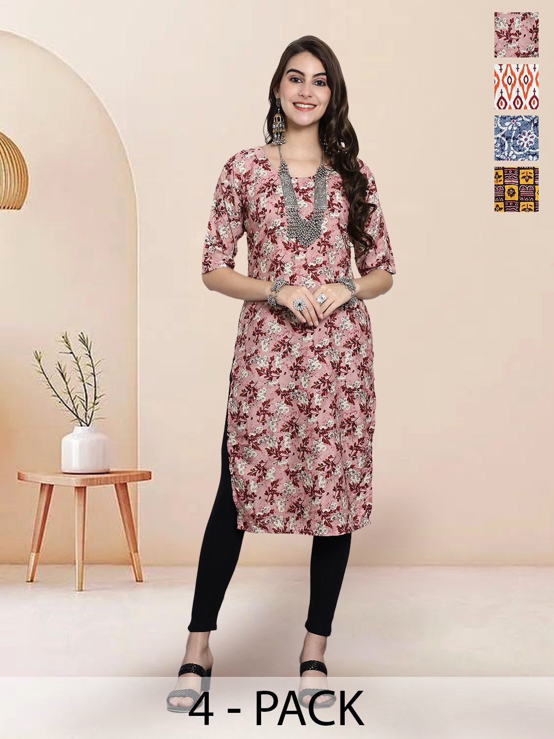 

7Threads Selection Of 4 Floral Printed Round Neck Kurtas, Pink
