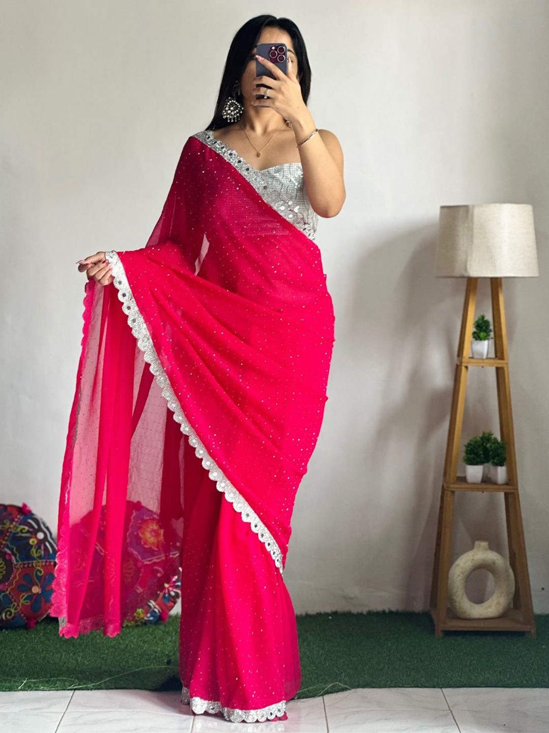 

Fashion Ritmo Embellished Beads and Stones Pure Silk Saree, Pink