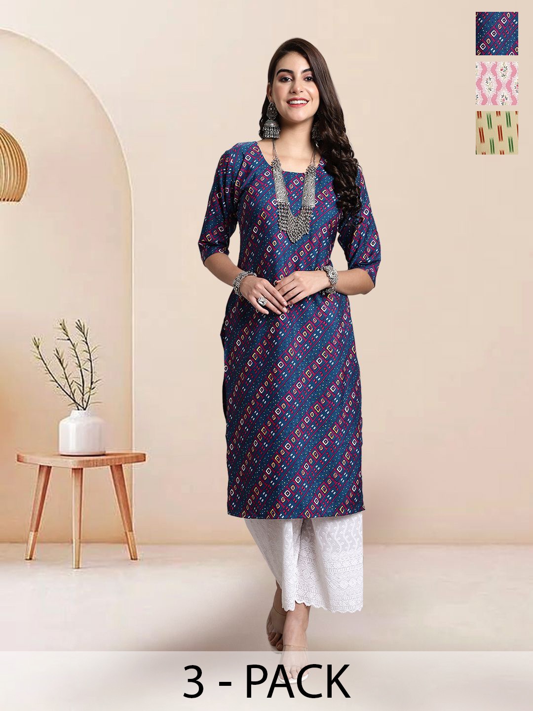 

7Threads Selection Of 3 Geometric Printed Kurtas, Navy blue