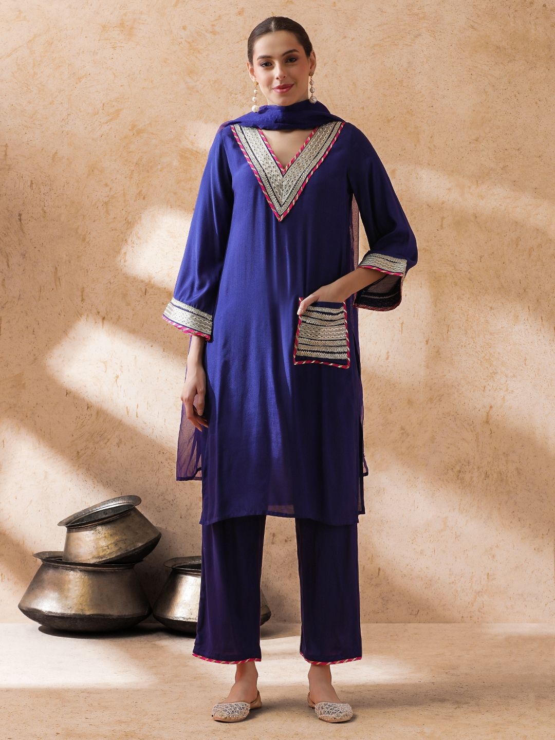 

STYLEBAAZI V-Neck Flared Sleeves Gotta Patti Straight Kurti With Trousers And Dupatta, Blue